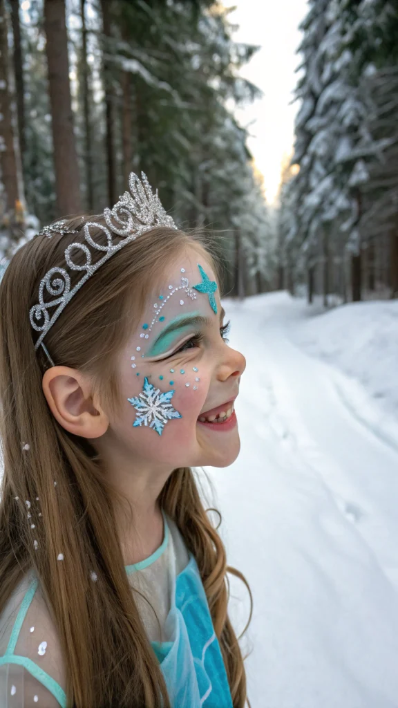 051 Magical Frozen Face Paint Idea for Girls with Snowflakes and Glitter for Ages 3–6 - Themed Ideas