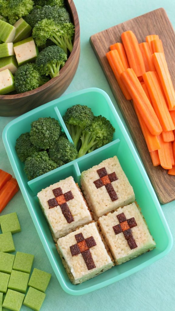 06 Healthy Minecraft Snacks Ideas with Mini Sandwiches Broccoli Trees and Carrot Sticks - Themed Ideas