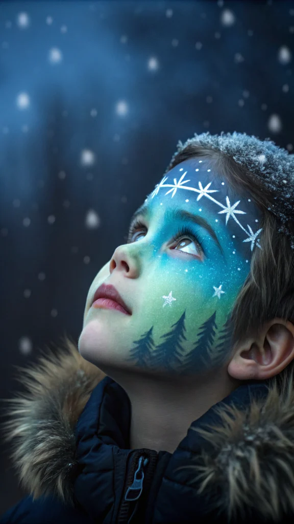 060 Sparkly Frozen Face Painting with Crystals and Snowflake Details for Girls 6–9 - Themed Ideas