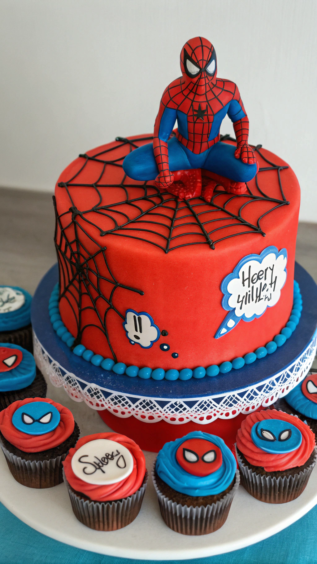 062 Amazing Spiderman dessert table decorations with themed cupcakes and 3D cake - Themed Ideas