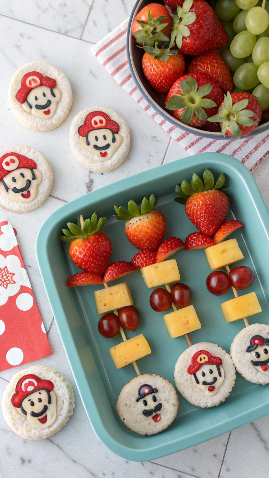 063 Fruit kabobs and Mario rice cake Super Mario snacks for party ready kids treats - Themed Ideas