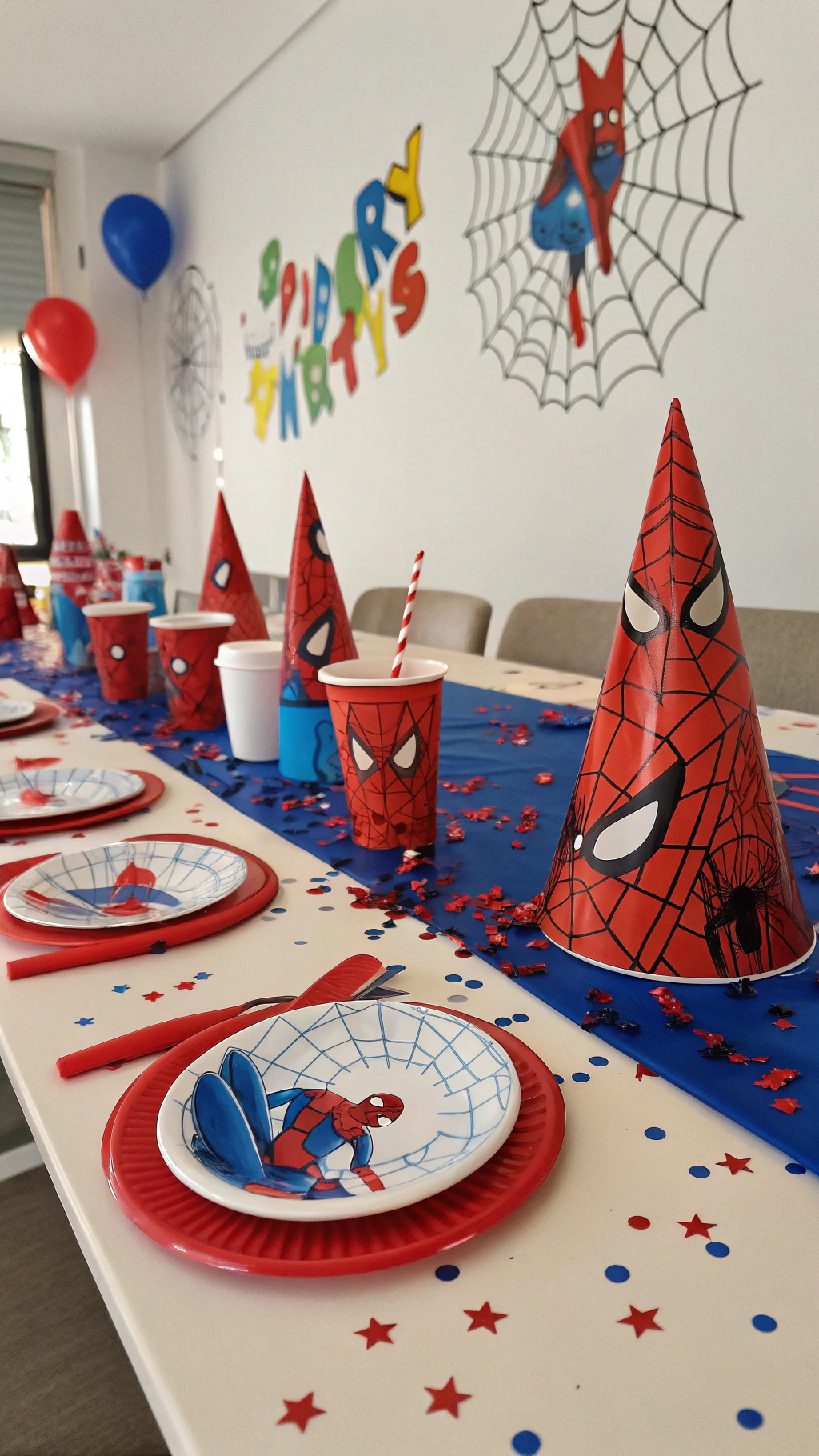 063 Spiderman themed party decor with tableware hats and web accents for kids - Themed Ideas