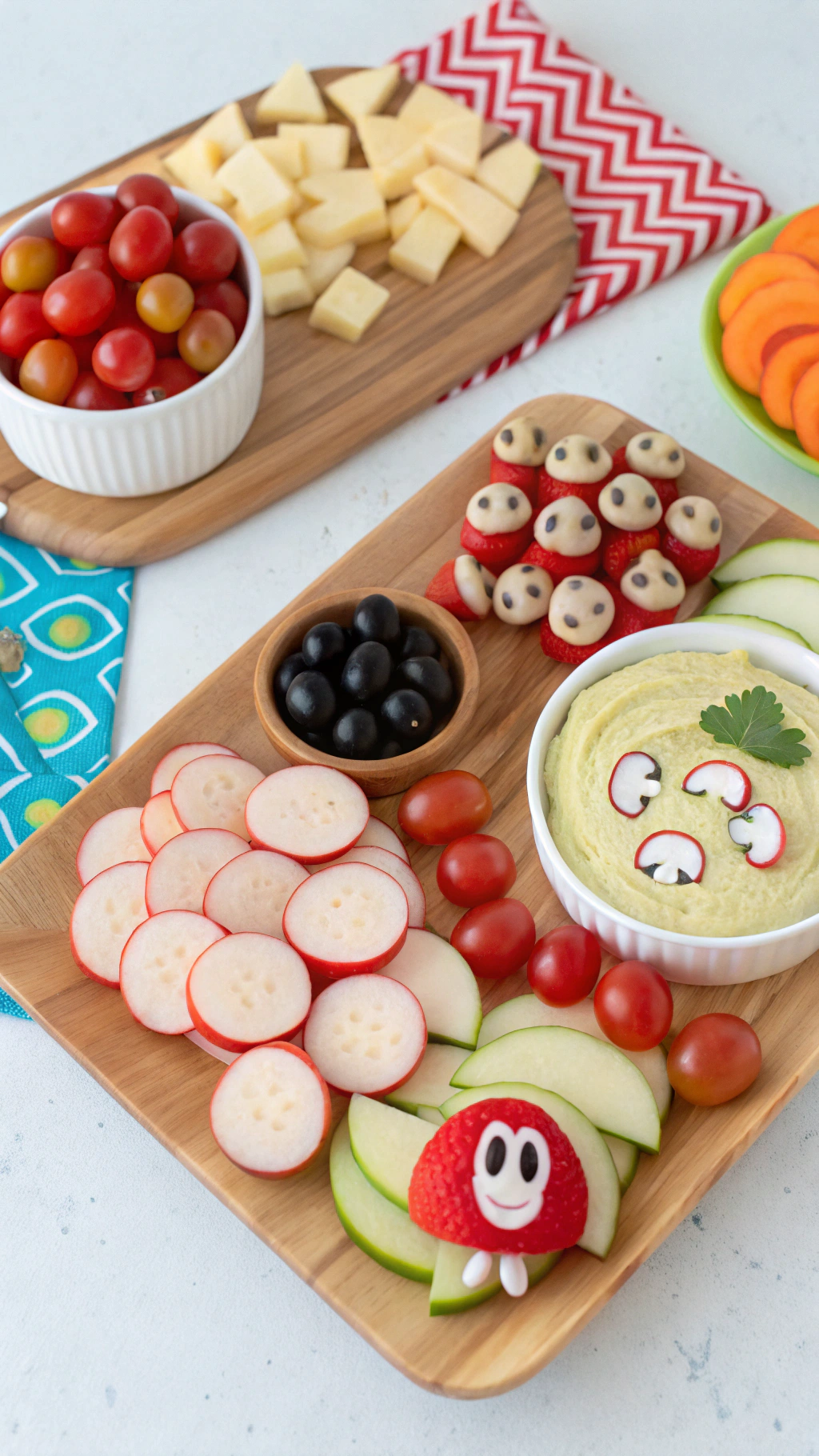 065 Super Mario themed birthday party snack board with fun fruits and veggie creations - Themed Ideas