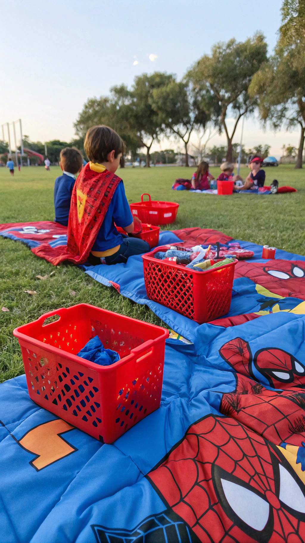 066 Outdoor picnic birthday setup with Spiderman plush toys and superhero blankets - Themed Ideas