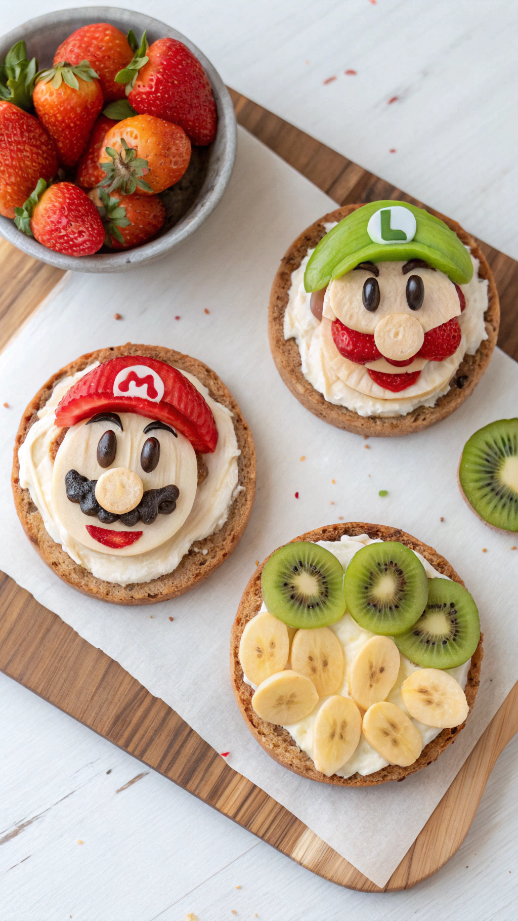 066 Toast rounds with fruit and veggie Super Mario character faces for fun kids snacks - Themed Ideas