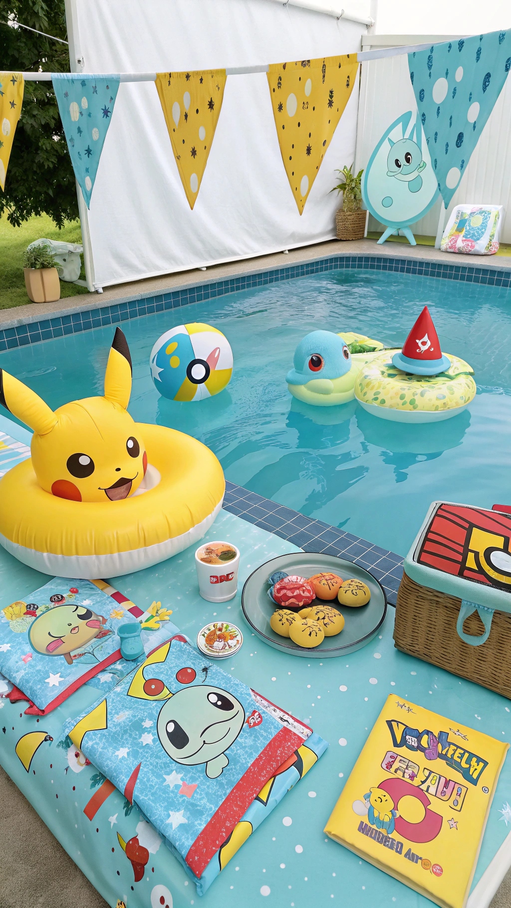 067 Pokemon Pool Party Decorations with Floating Inflatables and Themed Snacks - Themed Ideas