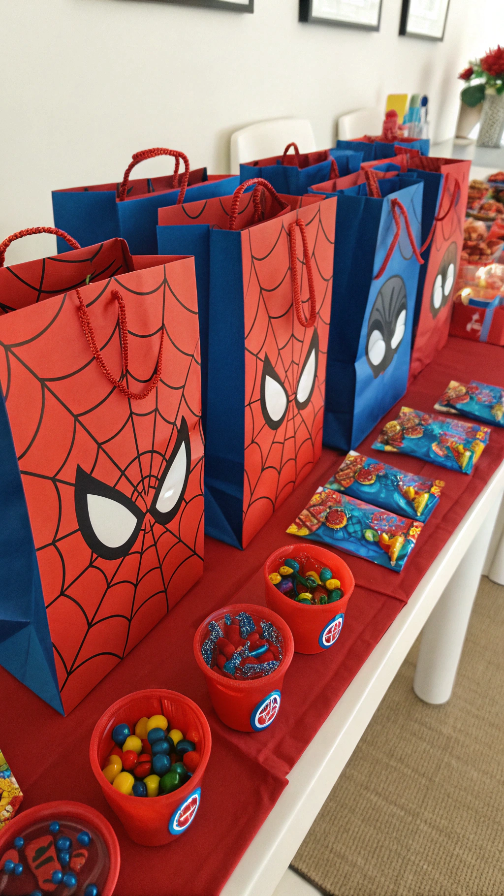 068 Creative Spiderman party centerpiece ideas with themed goodie bags and stickers - Themed Ideas