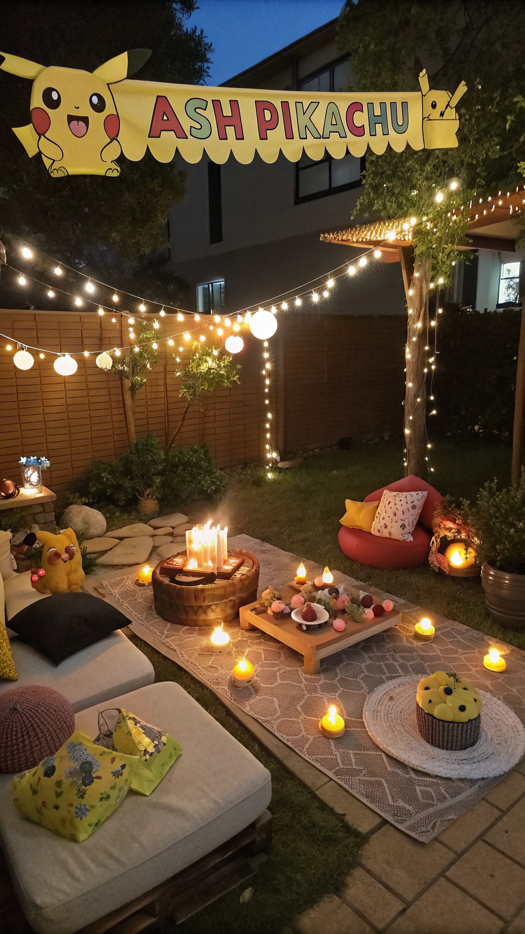 069 Magical Backyard Pokemon Birthday Setup with Lights and Nighttime Glow - Themed Ideas