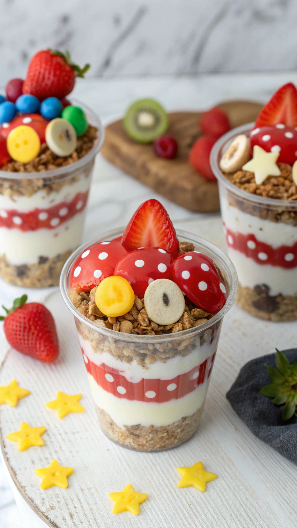 069 Yogurt parfait Super Mario snacks with fruit and candy toppers for fun party treats - Themed Ideas