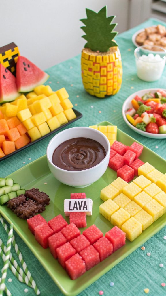 07 Minecraft Fruit Snacks with Chocolate Lava Dip for Themed Birthday Party Table - Themed Ideas