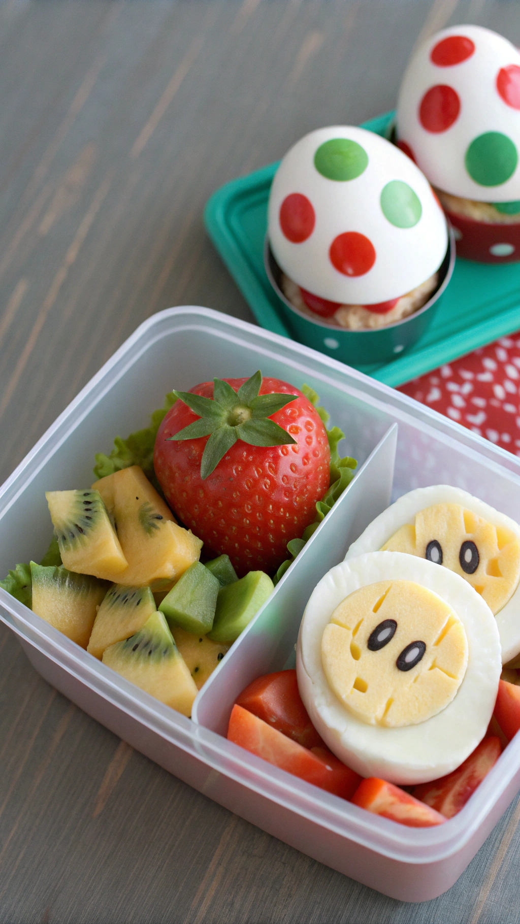 070 Creative lunchbox with tomato Mario hats and Yoshi deviled eggs for Super Mario bday snacks - Themed Ideas