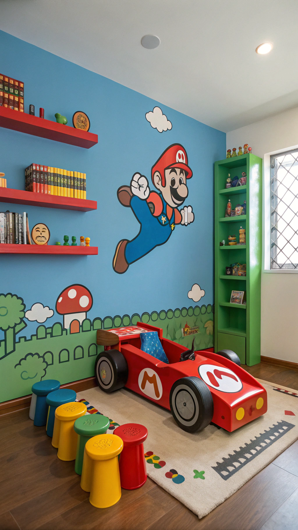 071 Colorful Super Mario bedroom idea with Mario Kart bed and mural for young kids - Themed Ideas