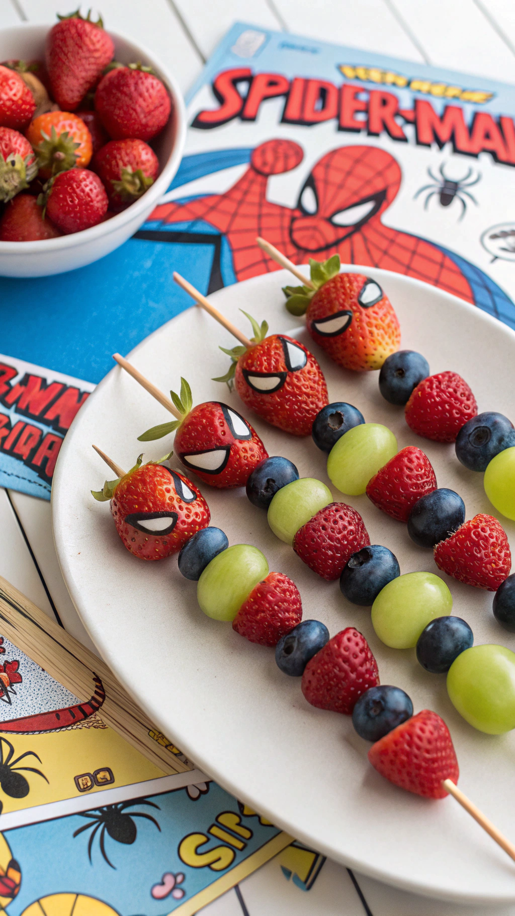 071 Spiderman Snacks Ideas Easy and Healthy Fruit Skewers for Kids Birthday Parties - Themed Ideas