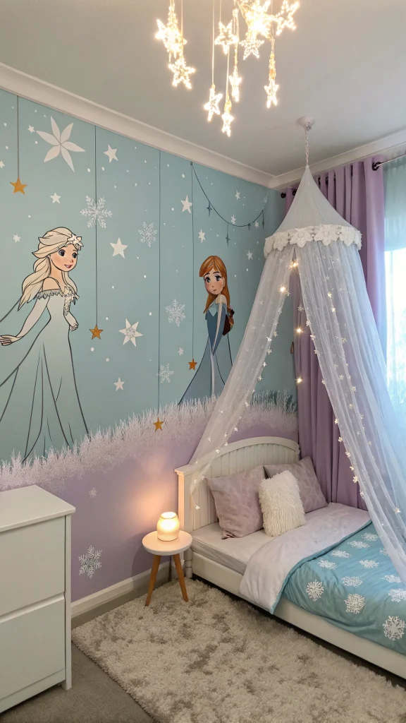 073 Frozen Princess Bedroom for Toddlers with Snowflake Canopy and Frozen Party Decor Ideas - Themed Ideas