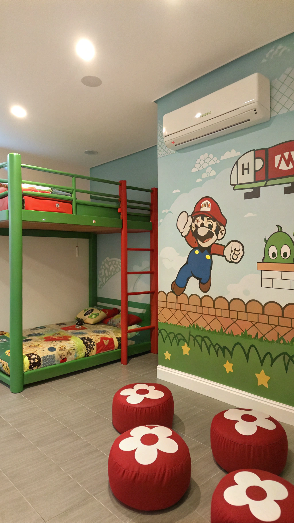 073 Shared Super Mario bedroom design with Mario Luigi bunk beds and themed walls - Themed Ideas