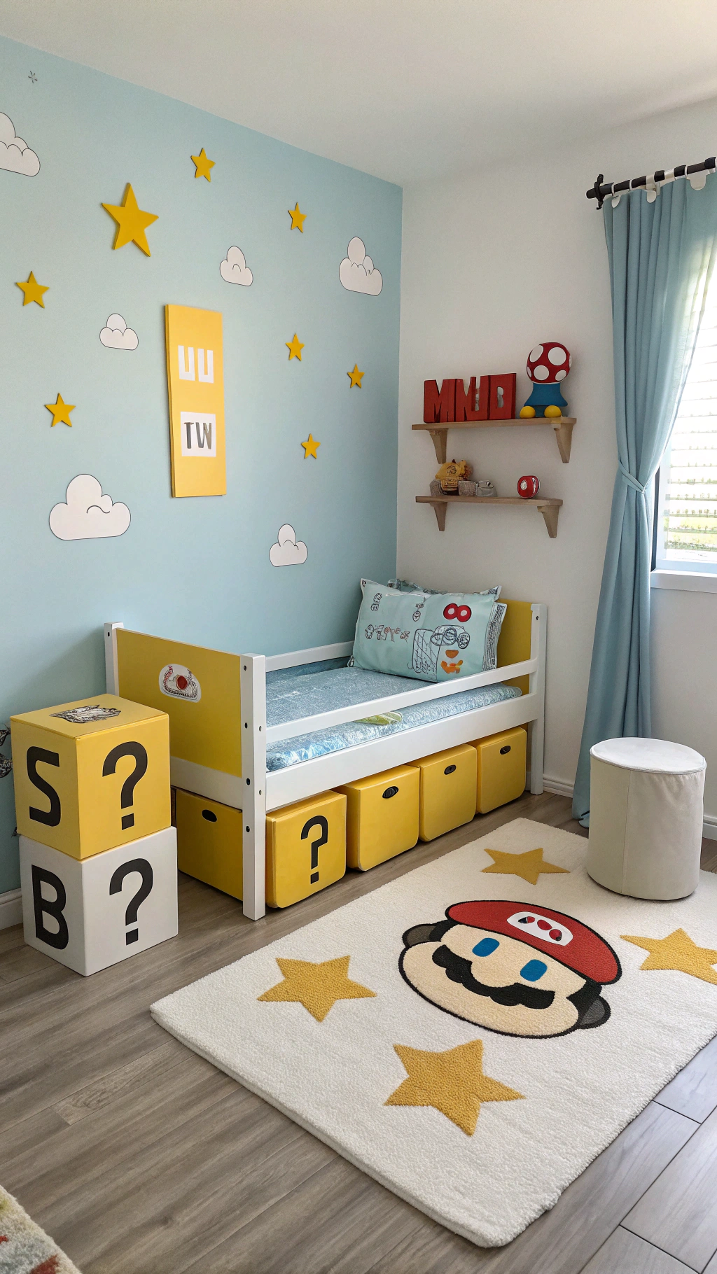074 Soft and safe toddler Super Mario bedroom idea with plush toys and colorful decals - Themed Ideas