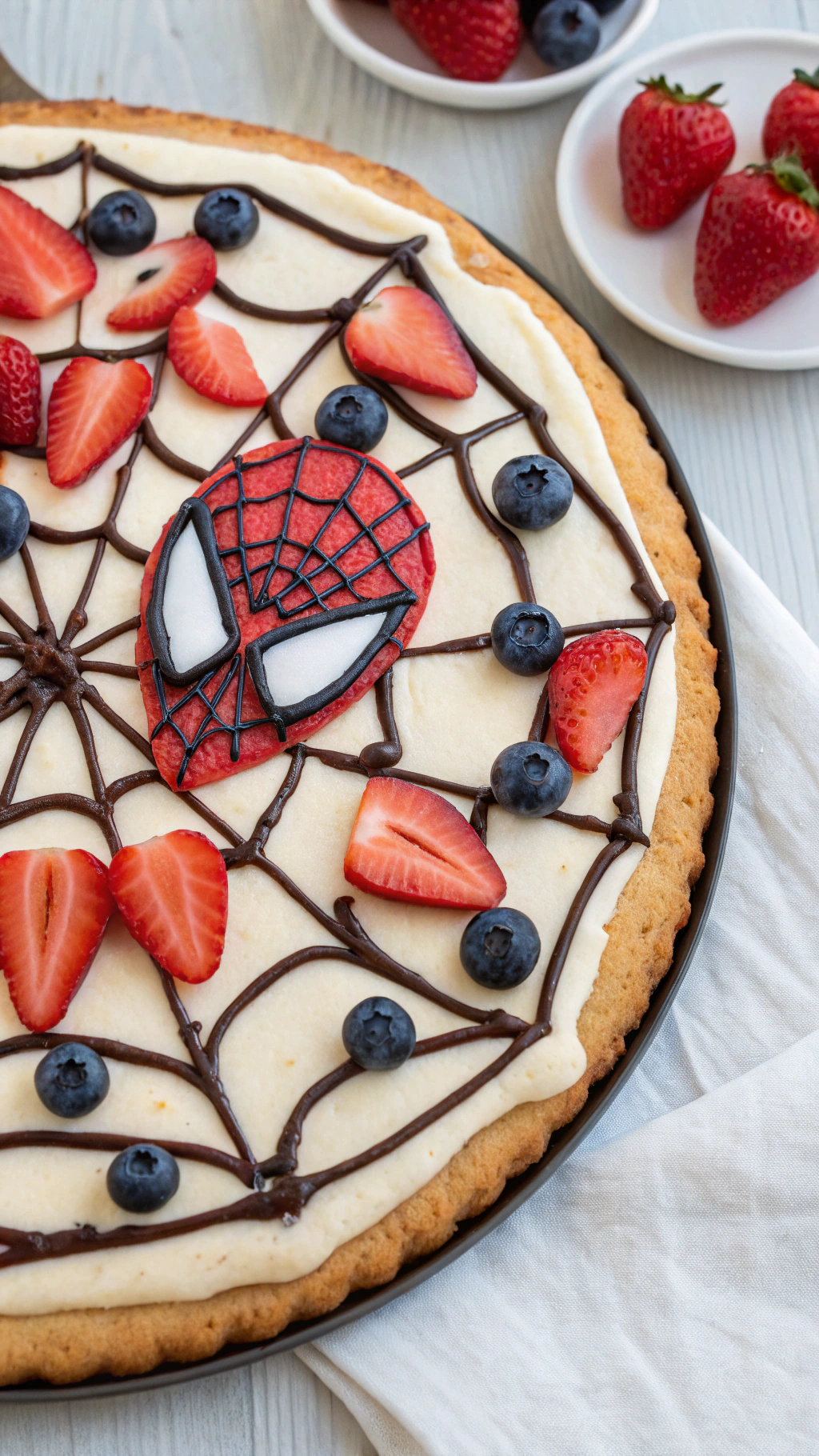074 Spiderman Snacks Ideas DIY Fruit Pizza with a Web Design for Kids Birthday Treats - Themed Ideas