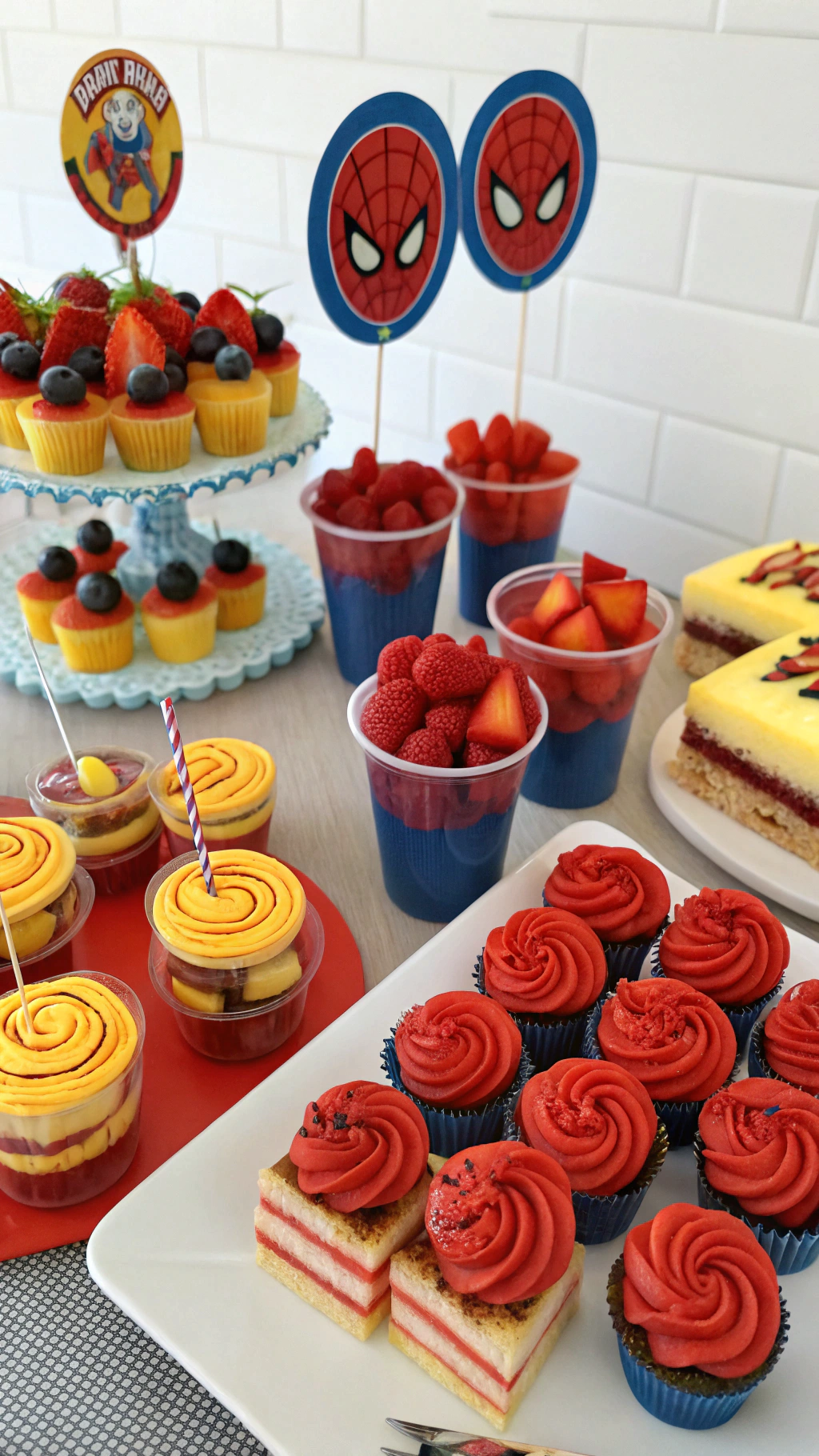 075 Spiderman Snacks Birthday Table Superhero Mini Cupcakes Sliders and Fruit Cups - Themed Ideas