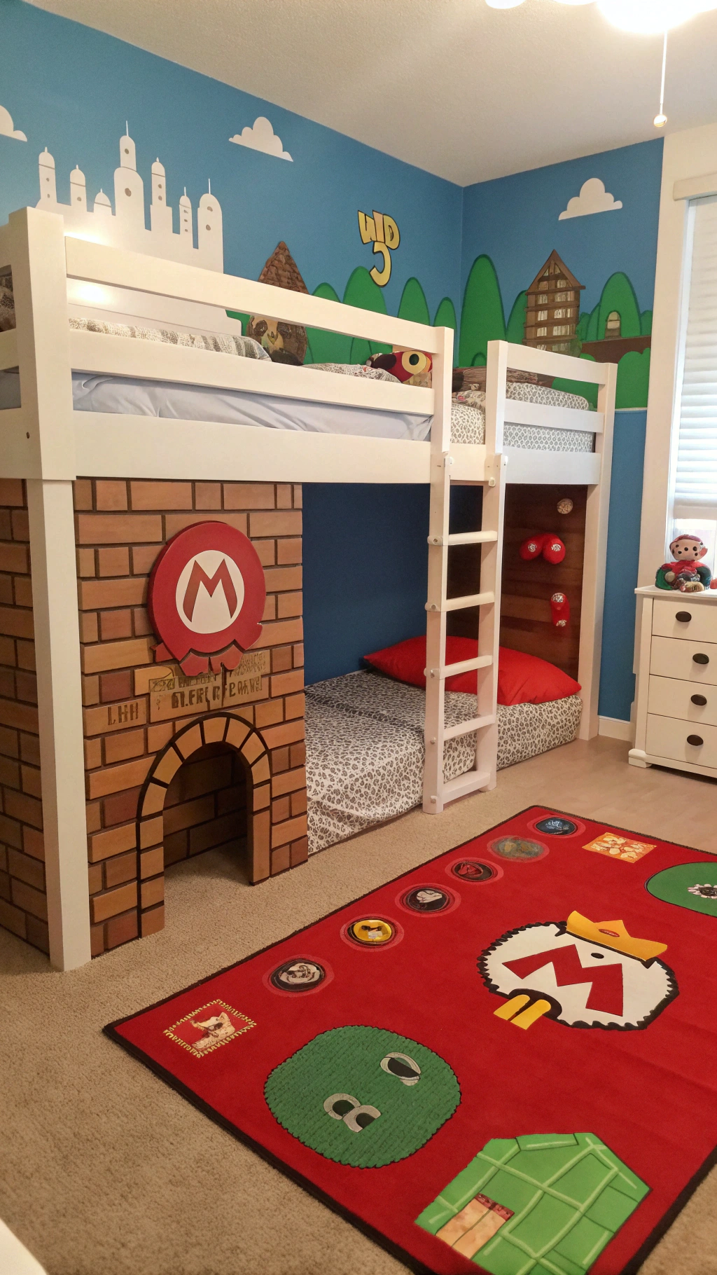 075 Super Mario Bowser Castle bedroom design with loft bed and dramatic level art - Themed Ideas