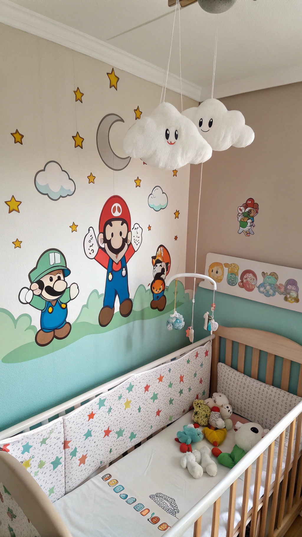 076 Baby Mario themed pastel nursery with cloud mobiles and star themed decor - Themed Ideas