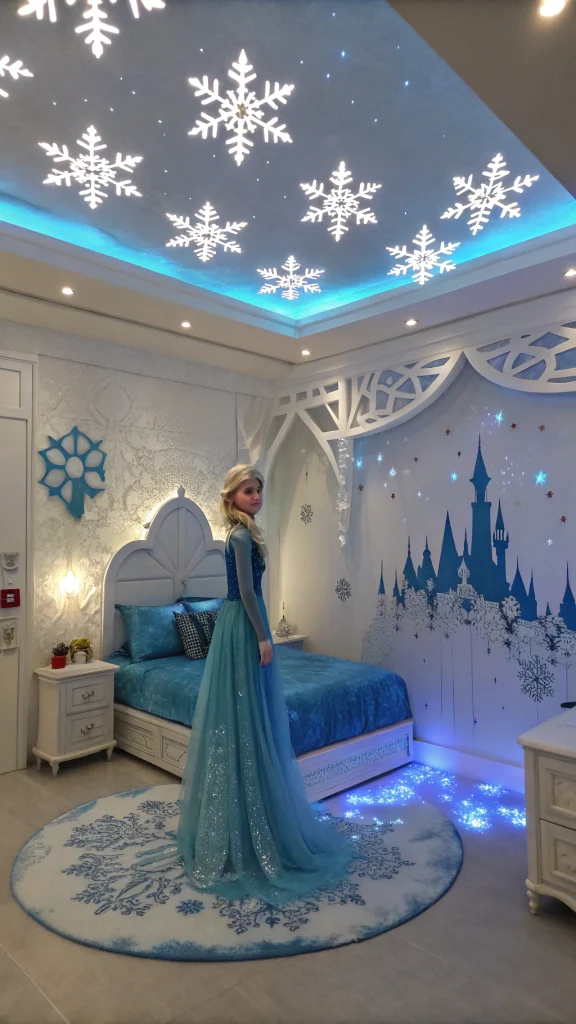076 Immersive Frozen Bedroom with Life Size Elsa and Frozen Party Backdrop Ideas for Girls - Themed Ideas