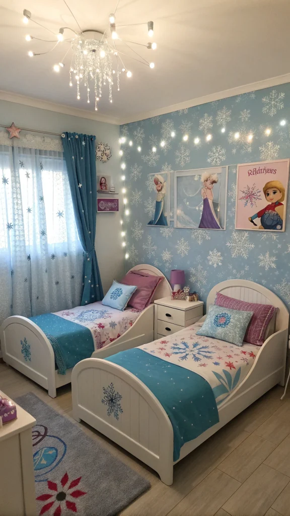 077 Shared Frozen Bedroom for Sisters with Sled Beds and Frozen Party Centerpiece Ideas - Themed Ideas