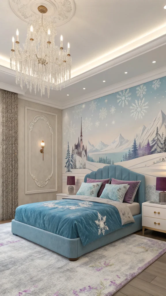 079 Elegant Frozen Bedroom for Girls with Watercolor Elsa Mural and Frozen Dessert Table Ideas - Themed Ideas