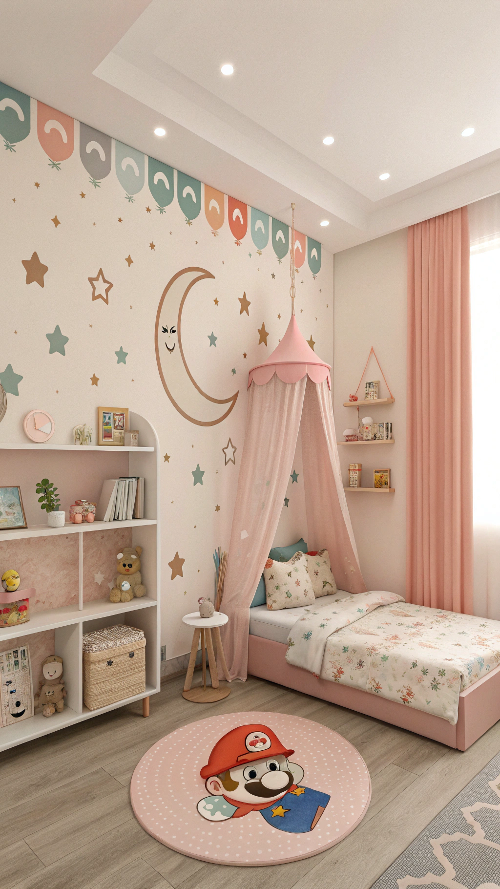 079 Princess Peach Garden bedroom idea with stars platforms and soft pastel decor - Themed Ideas
