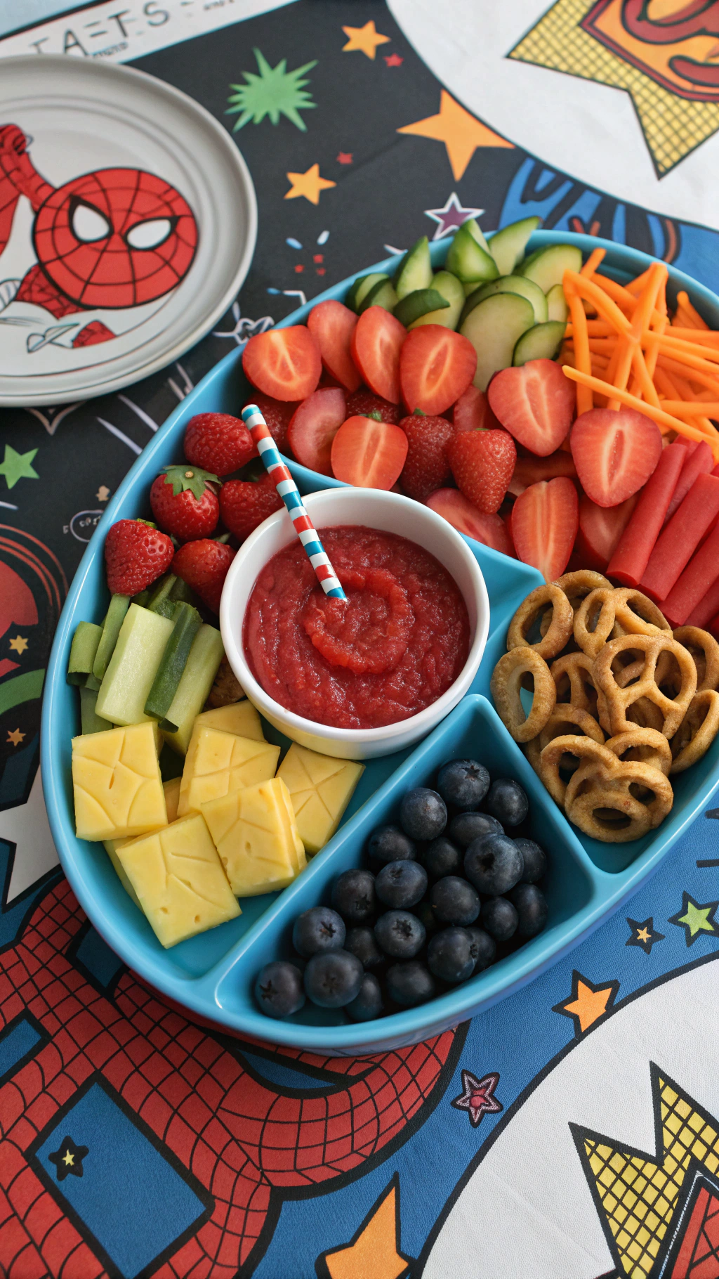 079 Spiderman Themed Birthday Party Snacks DIY Veggie and Cheese Platter with Superhero Flair - Themed Ideas