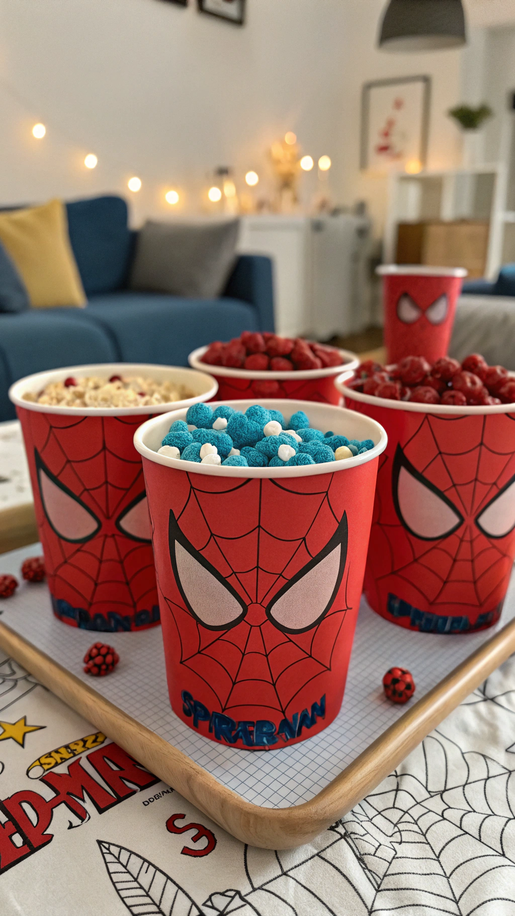 080 Spiderman Bday Snacks Colorful Popcorn Cups for Superhero Movie Night or Party Table - Themed Ideas