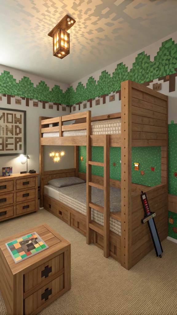 082 Adventure Style Minecraft Bedroom with Bunk Beds - Themed Ideas