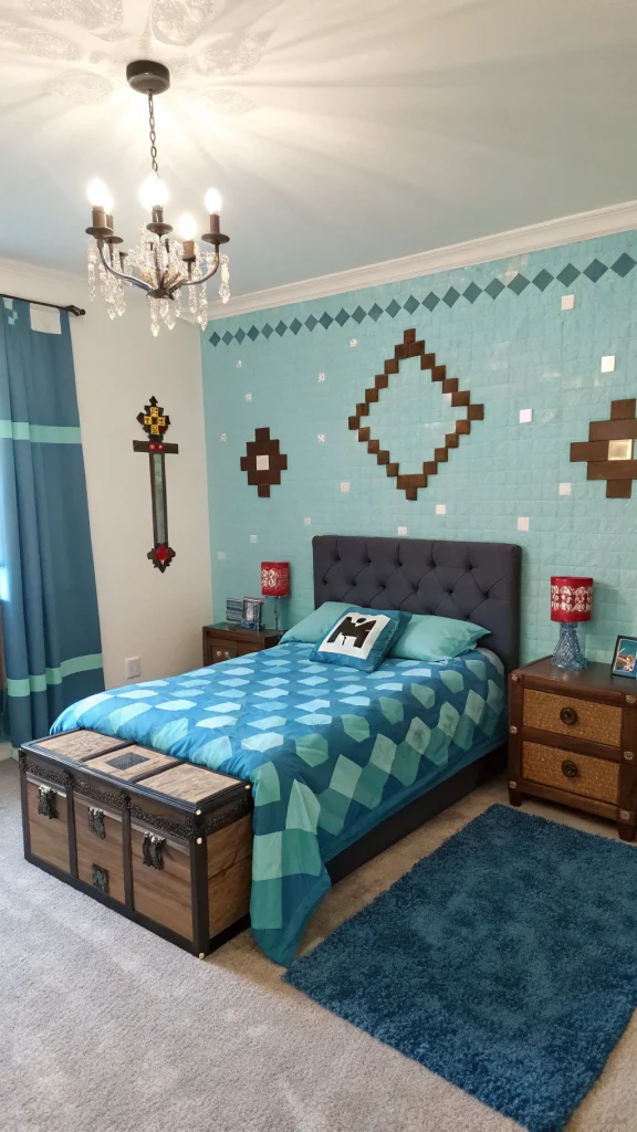 083 Minecraft Diamond Themed Luxe Bedroom - Themed Ideas