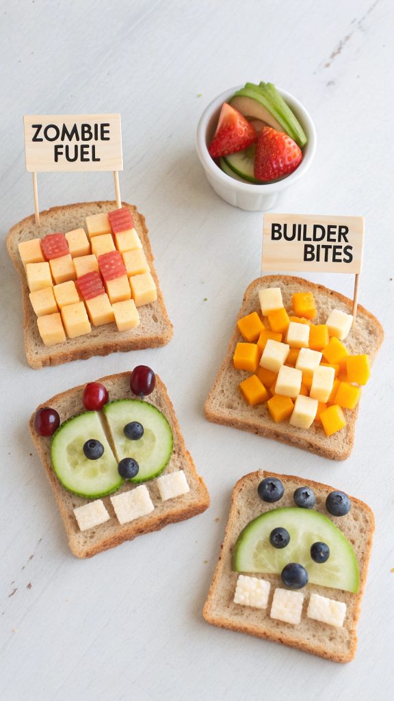 09 Cute Minecraft Themed Sandwiches and Fruit Cubes for Kids Birthday Snack Table - Themed Ideas