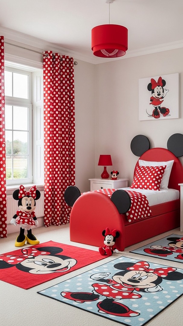 003 Vibrant Minnie Mouse Bedroom Ideas with Red Polka Dots and Character Furniture - Themed Ideas