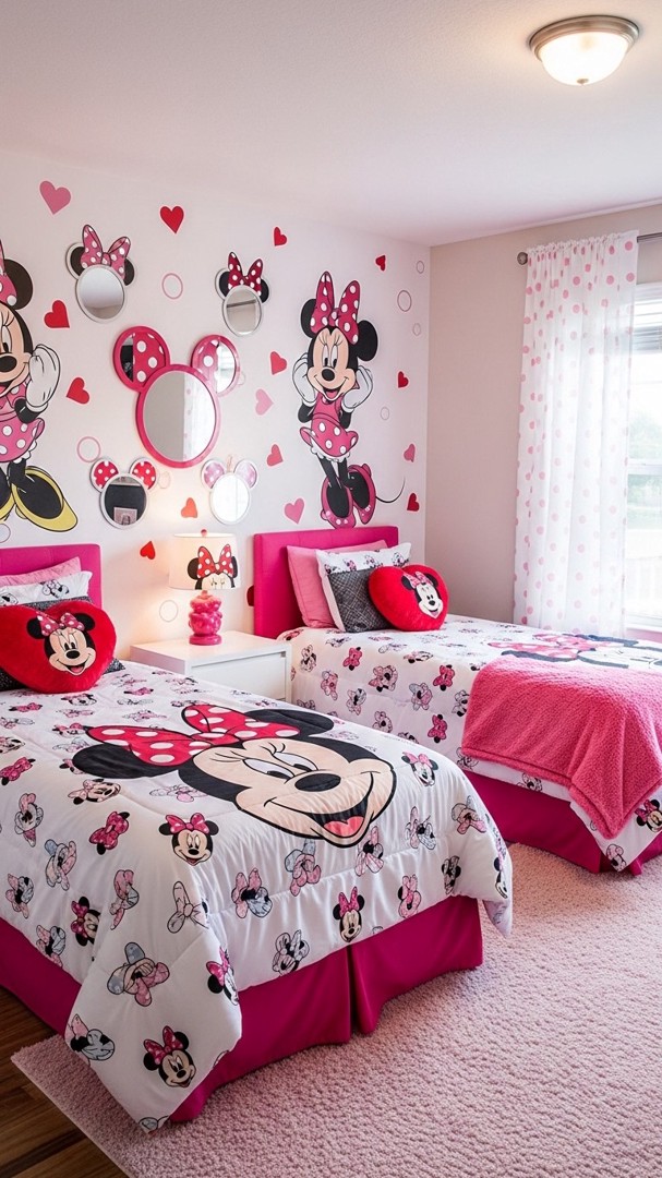004 Shared Minnie Mouse Bedroom Designs for Girls Featuring Matching Decor and Murals - Themed Ideas
