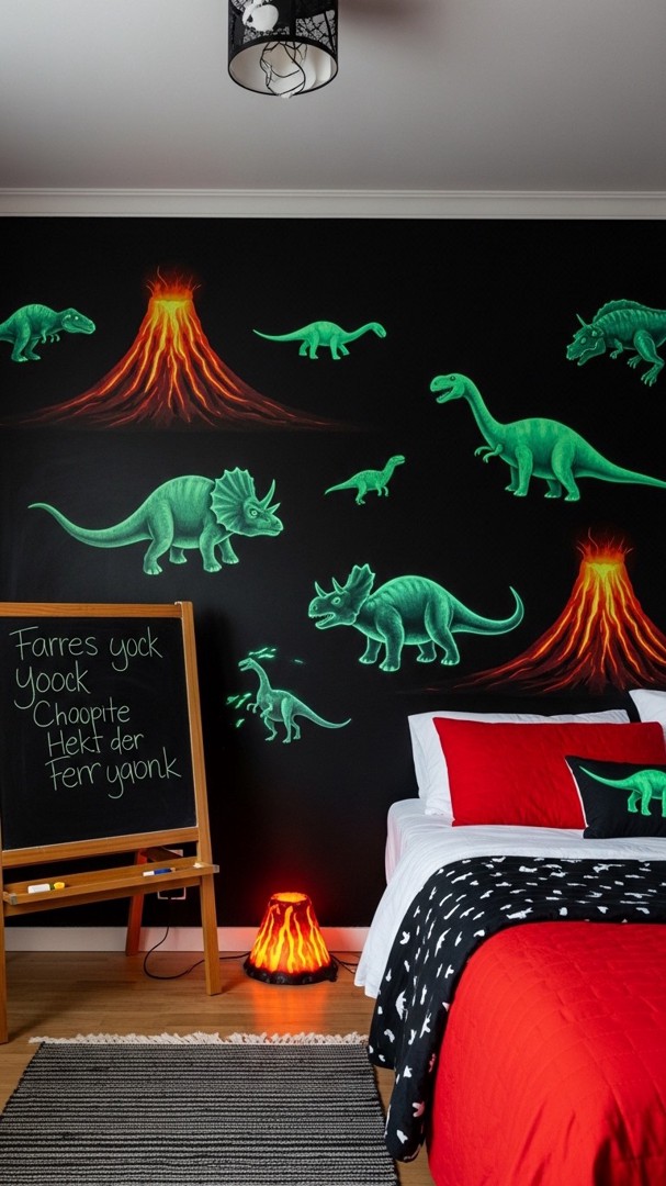 005 Bold dinosaur room ideas with glow in the dark decor and volcano lamp features - Themed Ideas
