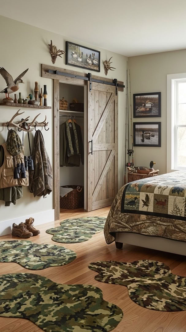 006 Duck Dynasty bedroom decor with barn door accents and camo rugs for country style rooms - Themed Ideas