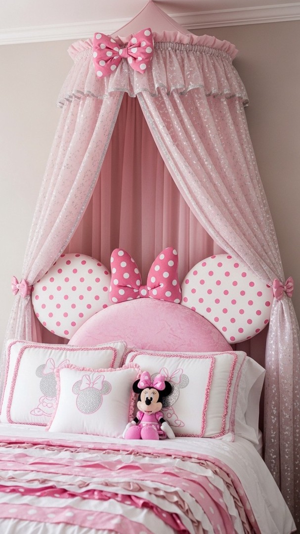 007 Dreamy Minnie Mouse Bedroom Ideas with Princess Canopy and Magical Lighting - Themed Ideas