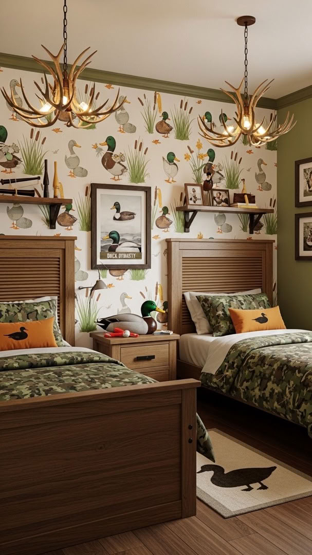 007 Duck Dynasty room designs bedroom ideas for siblings with matching beds and duck wallpaper - Themed Ideas