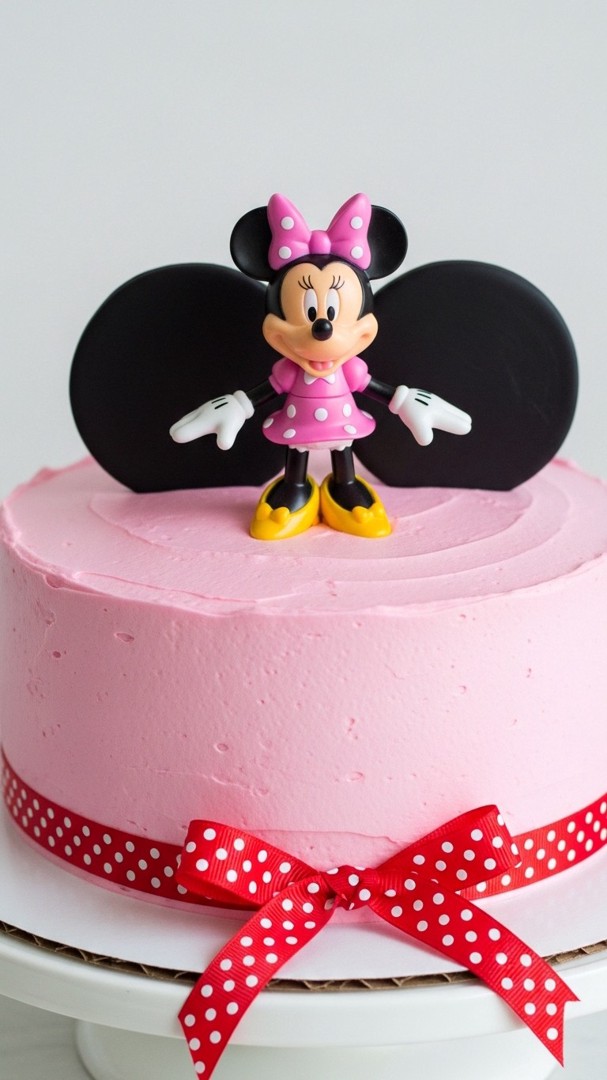 011 Easy DIY Minnie Mouse cake design with toy topper and pink frosting charm - Themed Ideas