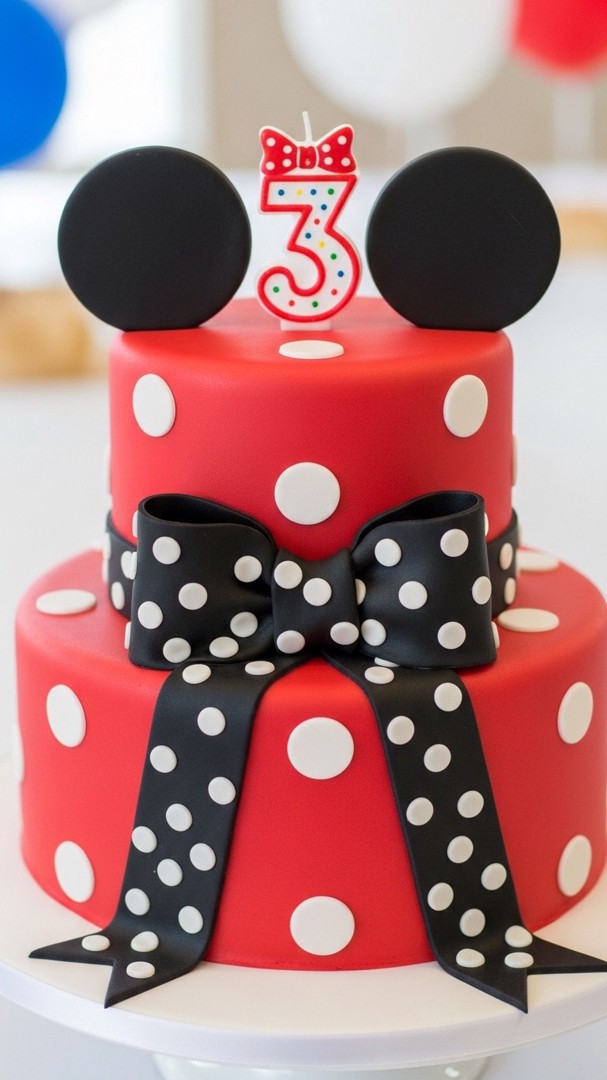 013 Two tier Minnie Mouse Birthday party cake with red polka dots and candle topper - Themed Ideas