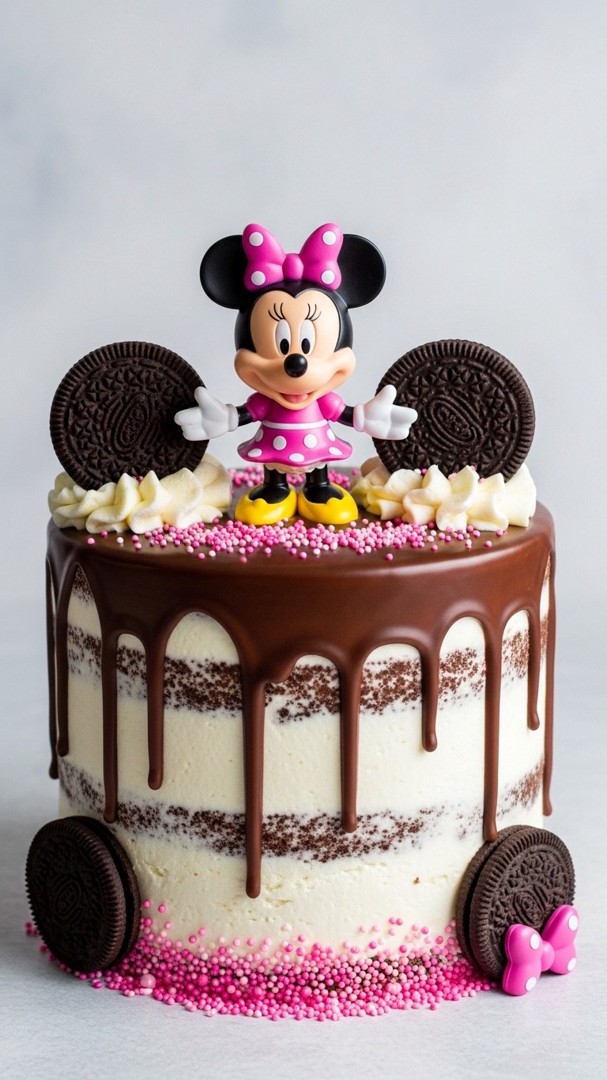 014 Trendy chocolate drip Minnie Mouse cake idea with toy topper and Oreo ears - Themed Ideas