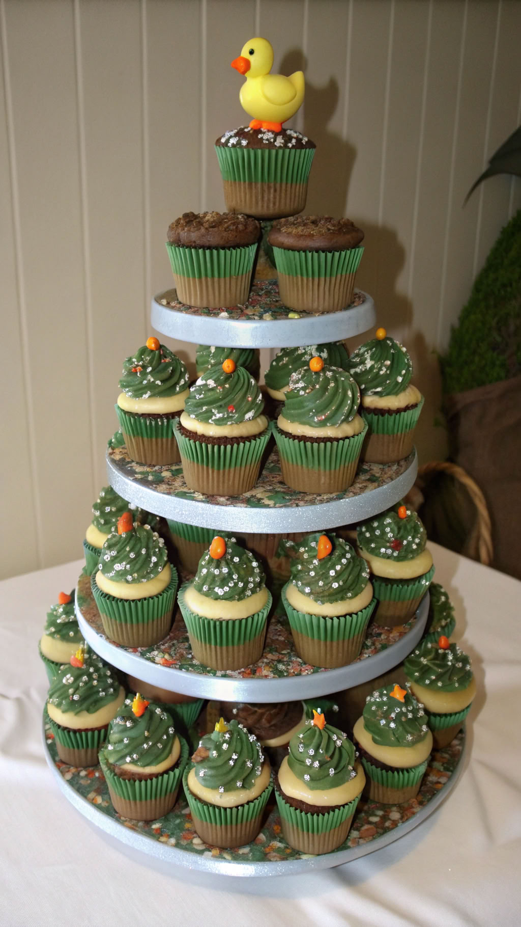 015 Duck Dynasty Cupcake Cake Tower with Camo and Duck Toppers - Themed Ideas