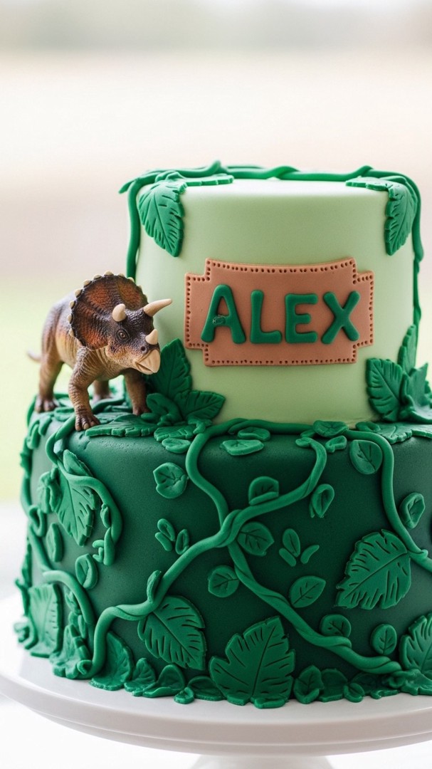 015 Jungle Dinosaur Cake Design with Toy Triceratops and Name Plate - Themed Ideas