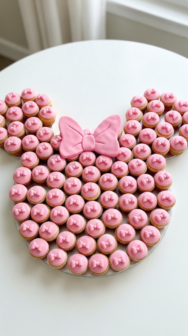 015 Minnie Mouse theme cake made with easy cupcake arrangement and bow toppers - Themed Ideas