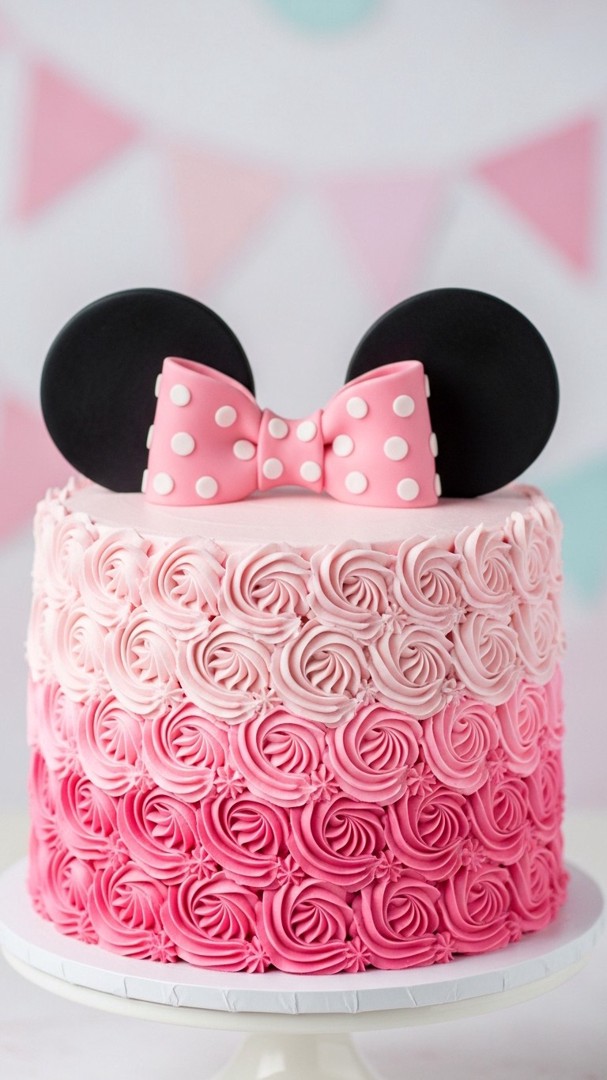 017 Pretty pink Minnie Mouse cake idea with ombrй roses and signature bow topper - Themed Ideas