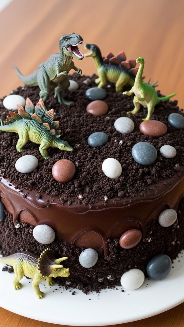 017 Realistic Dinosaur Cake Design with Oreo Dirt and Candy Rocks - Themed Ideas