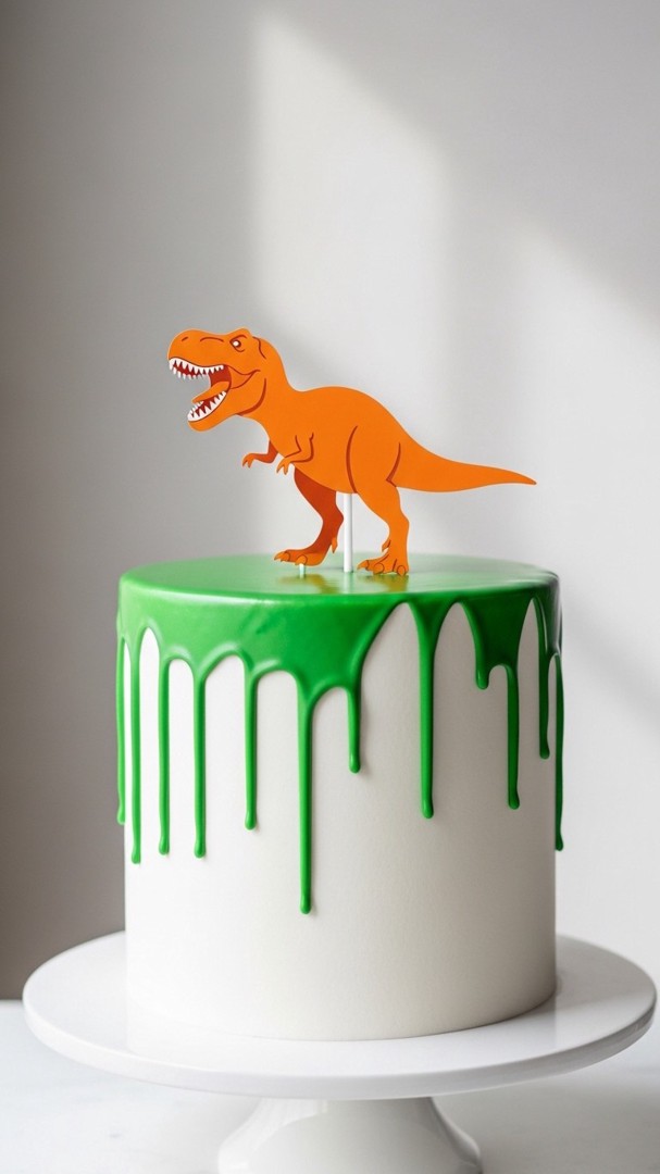 018 Trendy Green Drip Dinosaur Birthday Cake with Roaring Topper - Themed Ideas