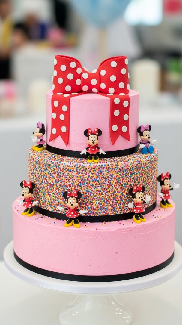 019 Colorful sprinkle covered Minnie Mouse Birthday cake with toy toppers - Themed Ideas