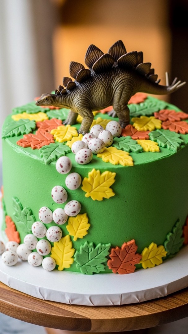 019 Stegosaurus Dinosaur Cake Idea with Fondant Leaves and Mini Eggs - Themed Ideas